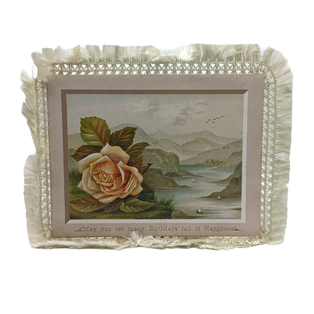Victorian Birthday Card Silk Fringe Pink & Yellow Roses