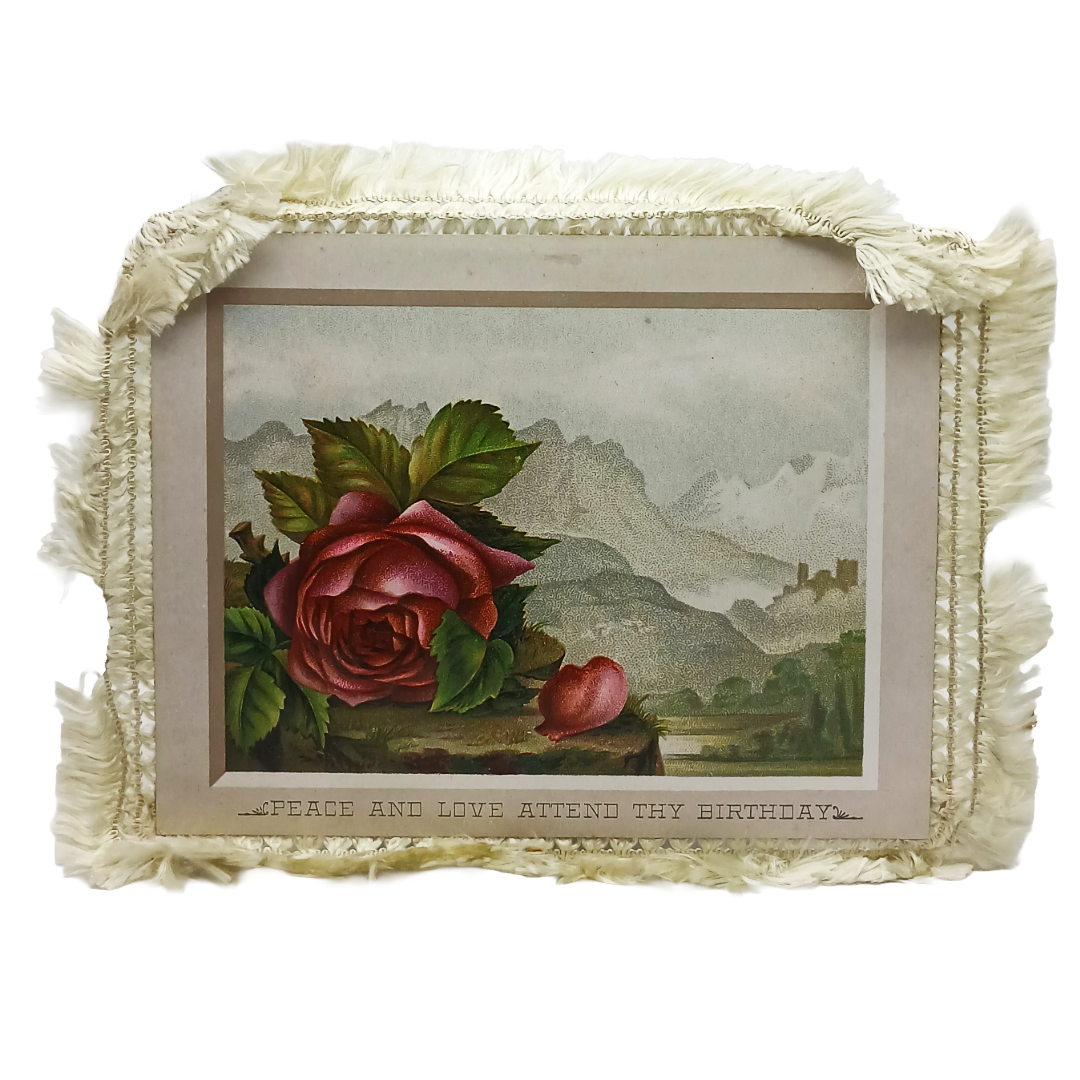 Victorian Birthday Card Silk Fringe Yellow & Red Roses