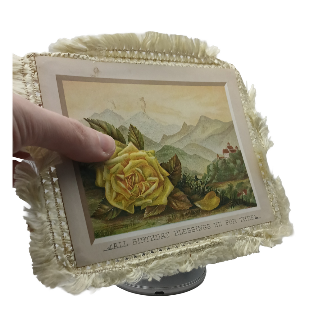 Victorian Birthday Card Silk Fringe Yellow & Red Roses