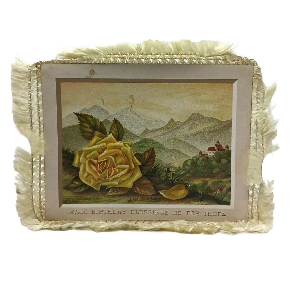 Victorian Birthday Card Silk Fringe Yellow & Red Roses