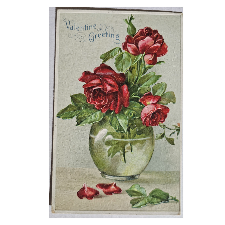 Valentine Postcard Embossed Red  Roses in A Glass Vase