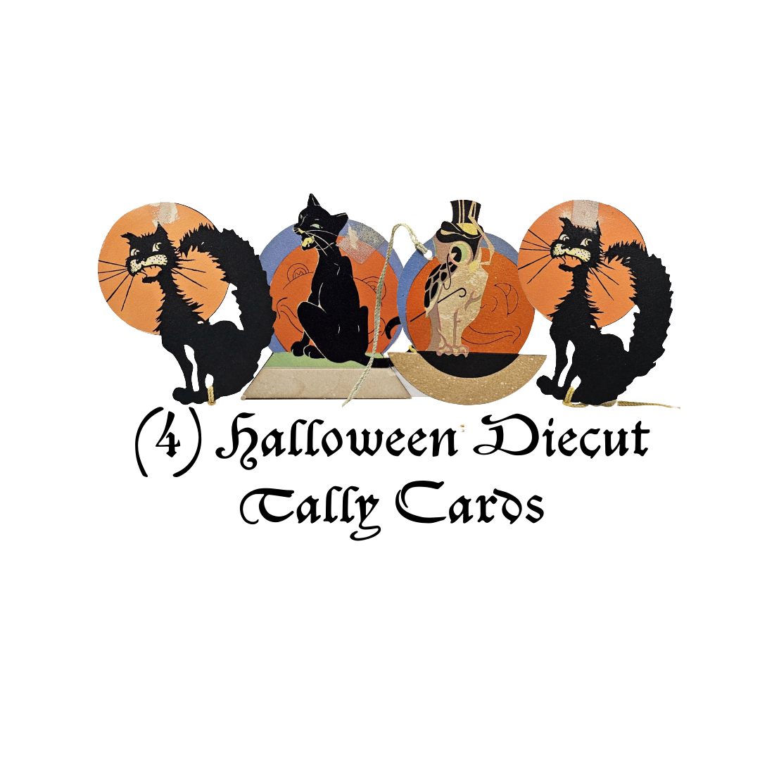 Halloween-themed diecut tally cards with black cats and orange backgrounds on a white background.