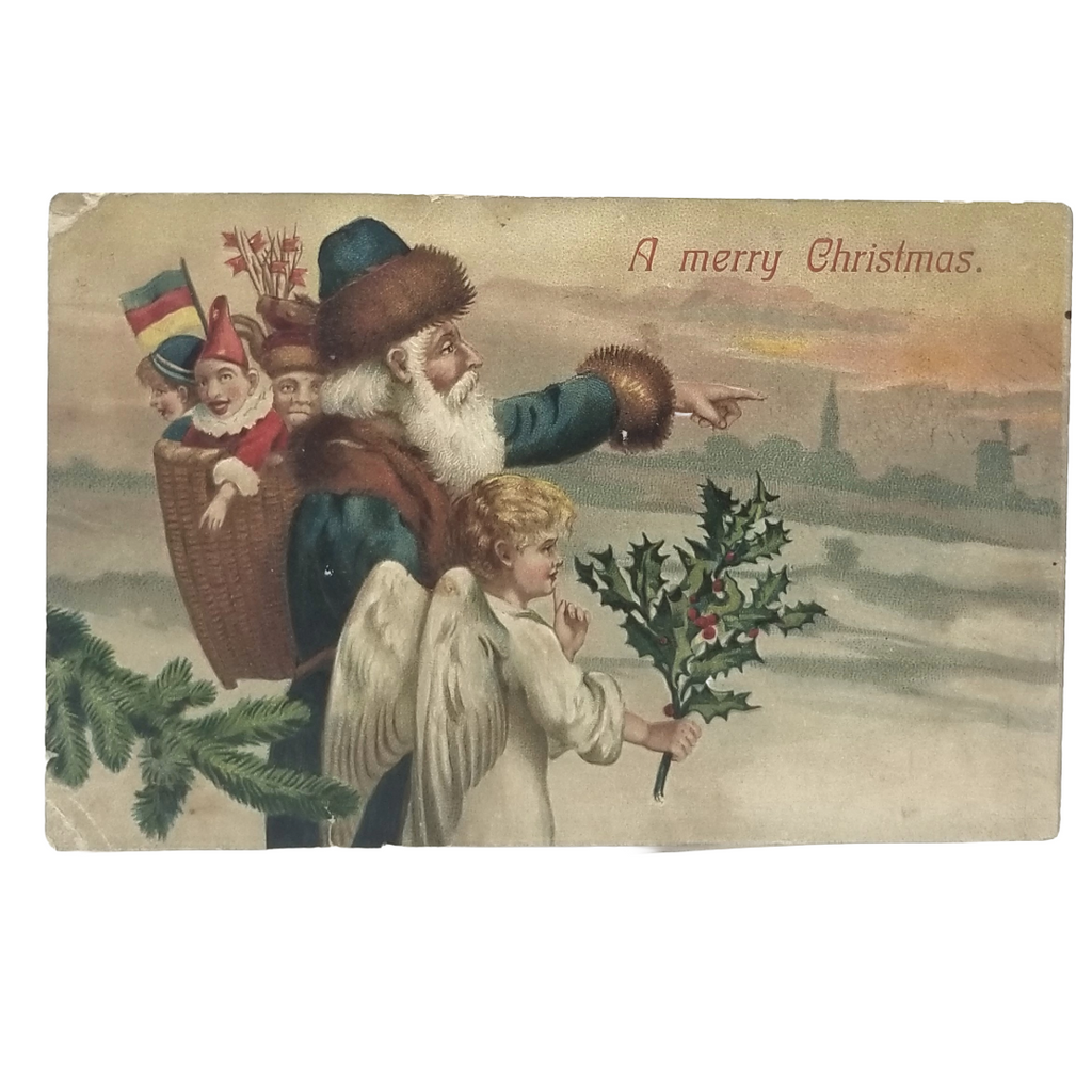 Antique Christmas Postcard Santa Claus in Blue Robe with Angel & Elves