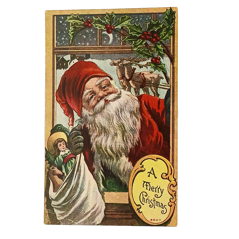 Vintage Santa Claus in Window Christmas Postcard | Antique XMAS Series 6609 | Reindeer Holiday Decor