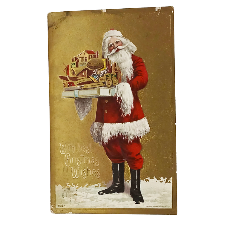 Vintage Santa Claus Holding Toys Christmas Postcard |Antique 1909 Gold Embossed St Nick Series 525