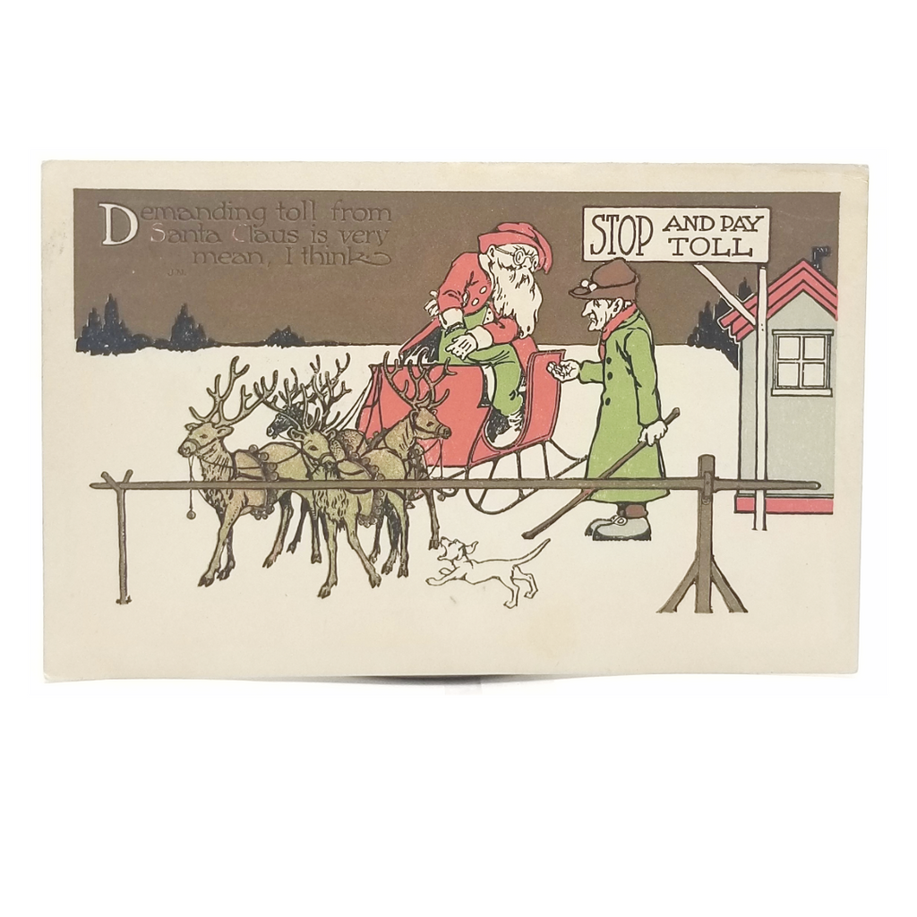 Antique 1908 Santa Claus at Toll Gate Postcard | Comical Santa Card Arts Craft Style