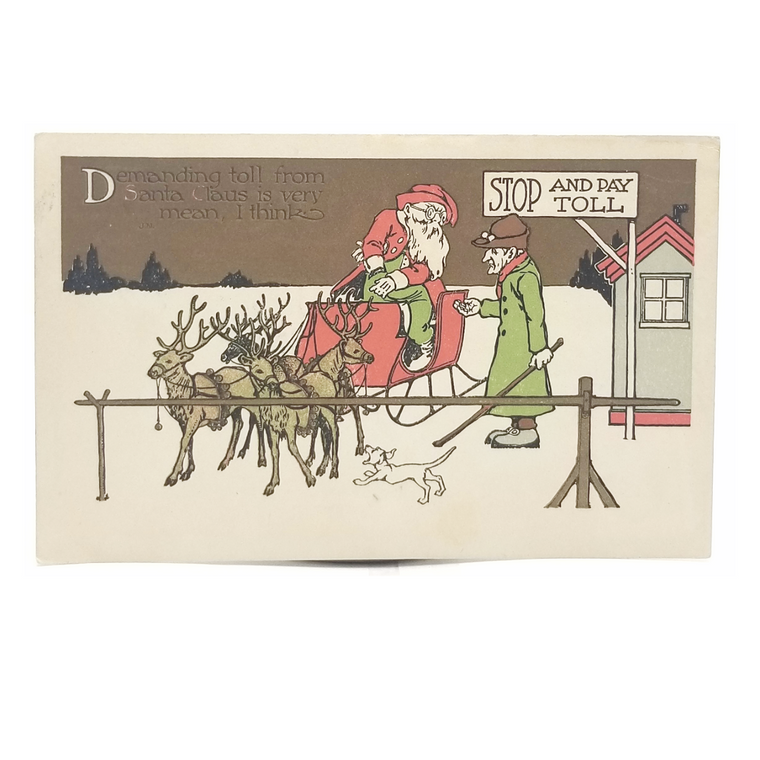 Antique 1908 Santa Claus at Toll Gate Postcard | Comical Santa Card Arts Craft Style