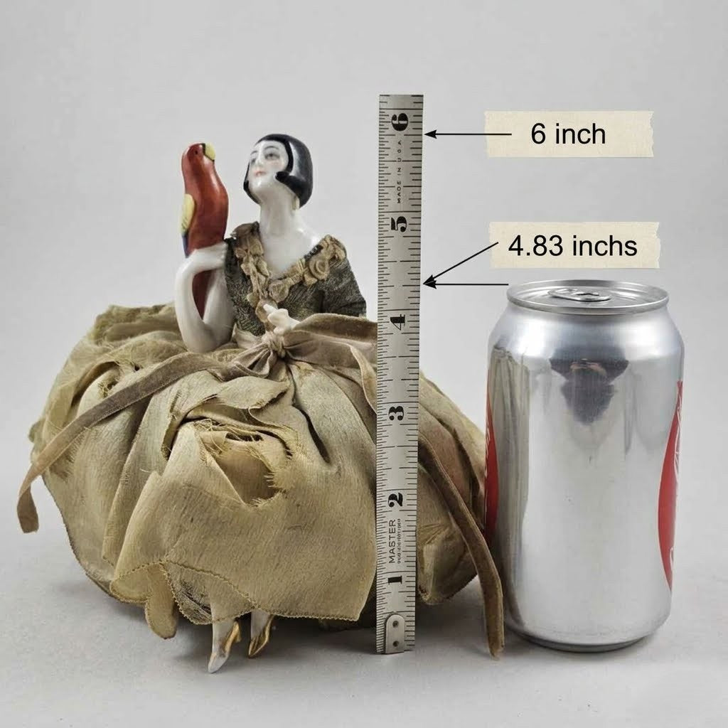 Rare Art Deco Flapper German Porcelain Half Doll with Parrot