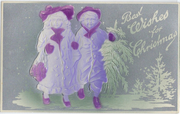 Christmas Postcard Air Brushed Children in Purple Strolling in Forest Silver Background