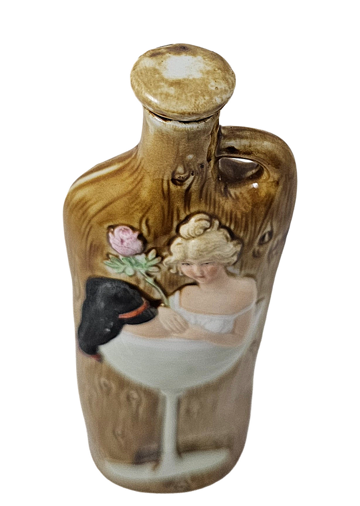 Schafer Vater German Porcelain Flask Risqué Woman in Champagne Glass