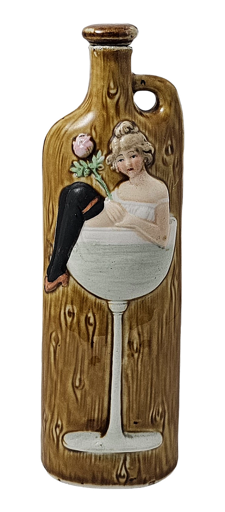 Schafer Vater German Porcelain Flask Risqué Woman in Champagne Glass