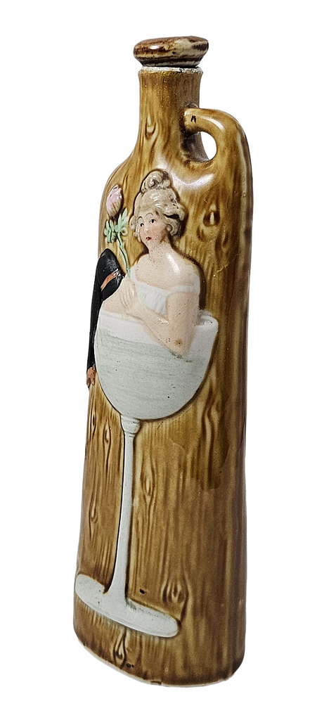 Schafer Vater German Porcelain Flask Risqué Woman in Champagne Glass
