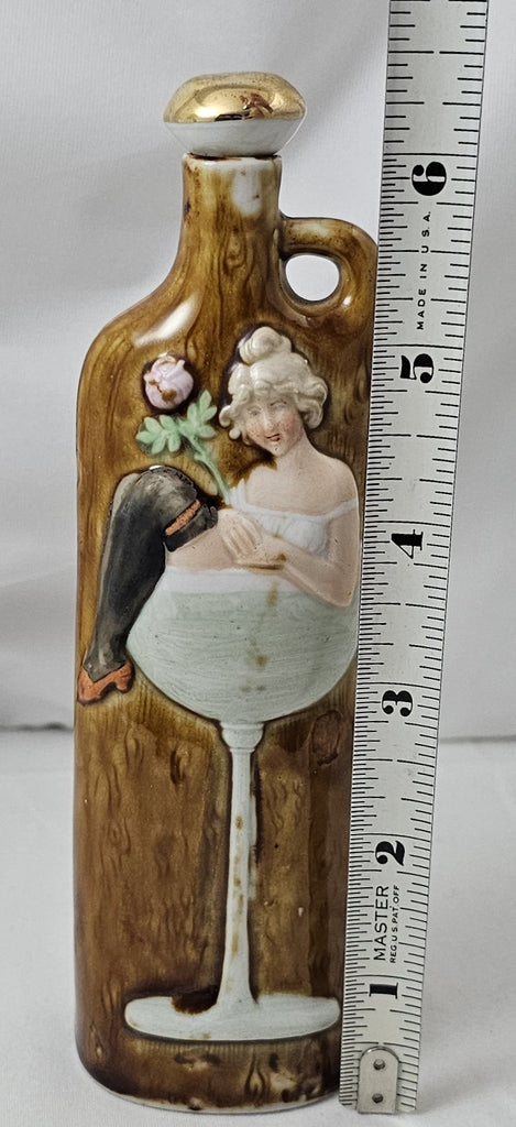 Schafer Vater German Porcelain Flask Risqué Woman in Champagne Glass