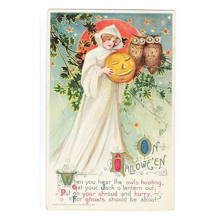 Antique 1911 John Winsch Schmucker Halloween Postcard - Embossed Shroud Girl with Jack-o'-Lantern