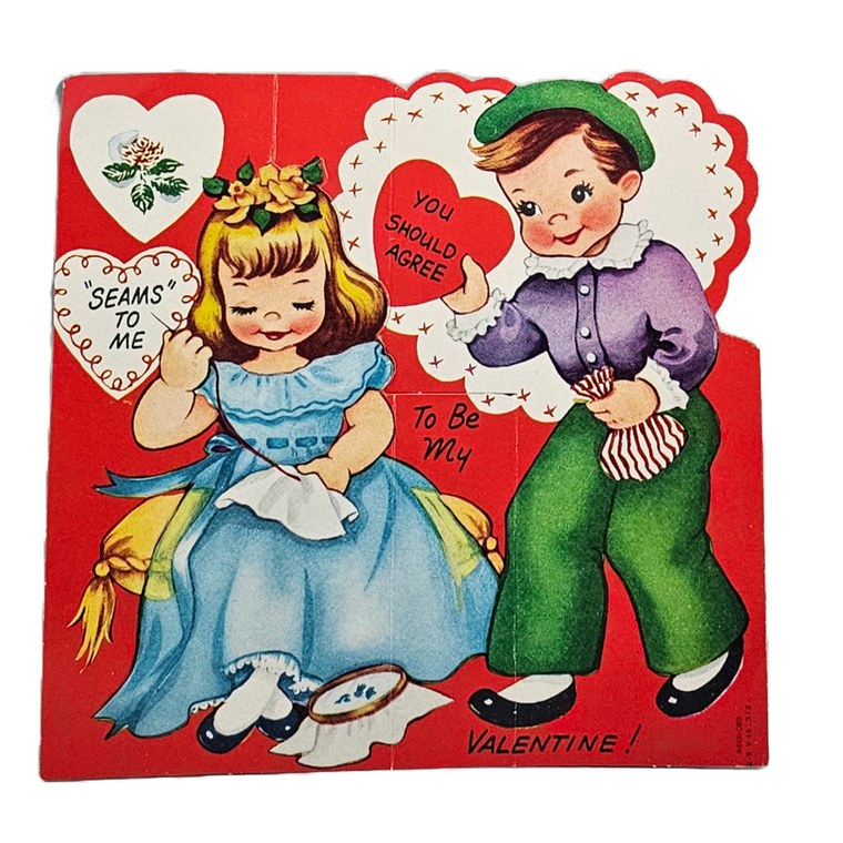 Larger Sized 7x7 Die Cut Valentine Card Little Girl Sewing While Boy Brings Her a Heart