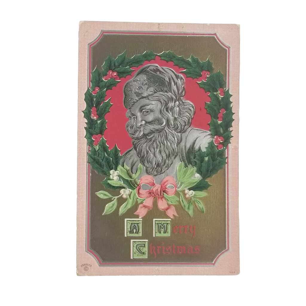 Antique Silver Embossed Father Christmas Santa Claus in Tassel Cap with Holly Wreath