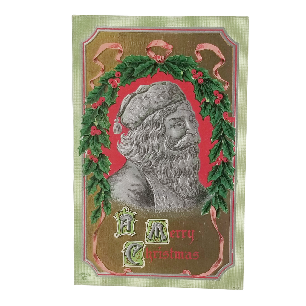 Antique Embossed Father Christmas Santa Claus in Tassel Cap with Holly Wreath Gold Background