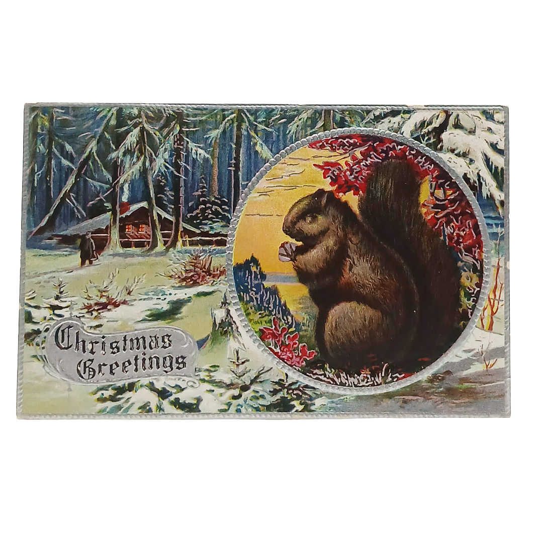 Christmas Postcard Silver Embossed Squirrel Cabin in Snow Bright Colors
