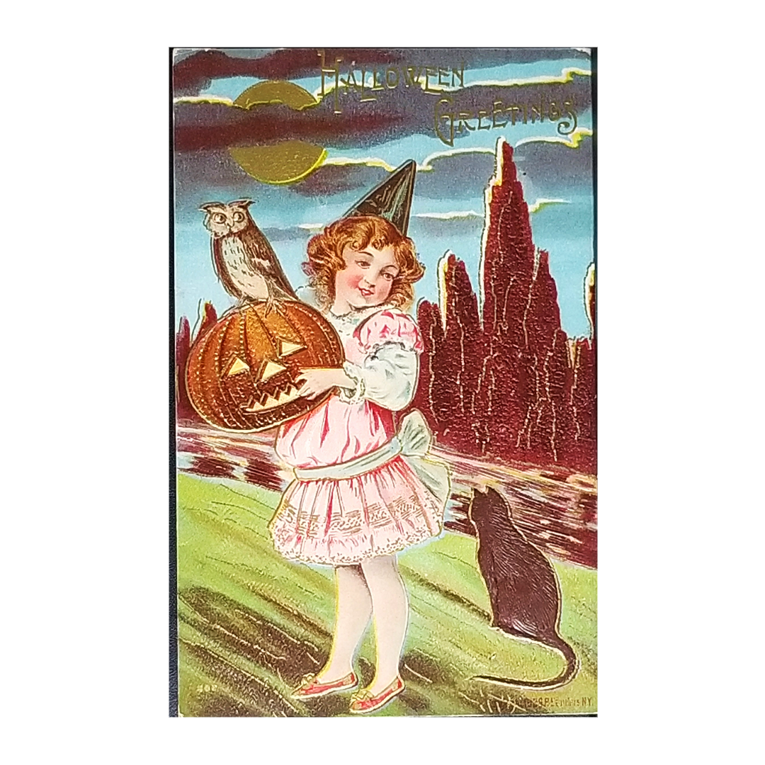 Antique Stecher Litho "Halloween Greetings" Postcard - Little Girl Witch, Owl, Black Cat & Jack-o'-Lantern (Series 502)