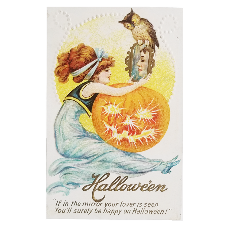 Antique Embossed Halloween Postcard - Stecher Litho Mirror Gazing Lady & Owl (Series 216 B)