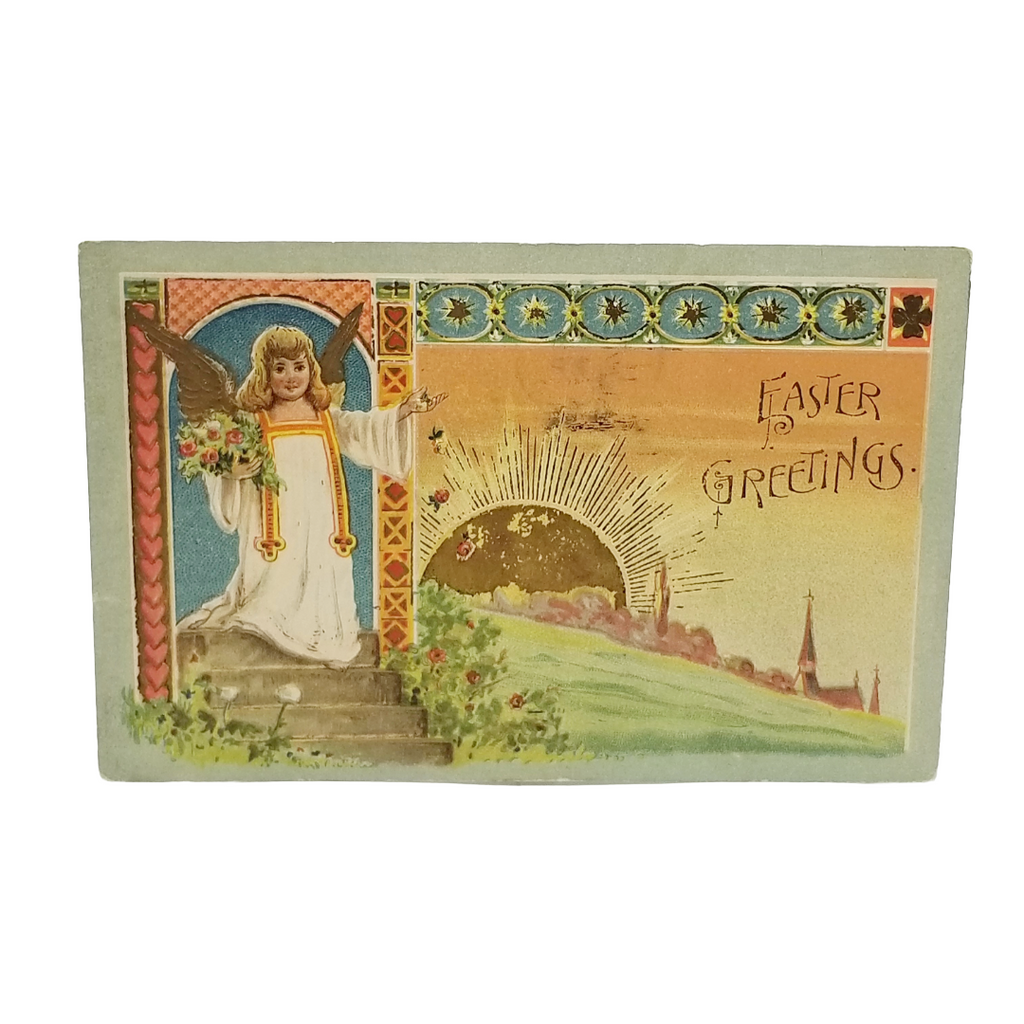Easter Postcard Gold Embossed Angel with Rising Sun