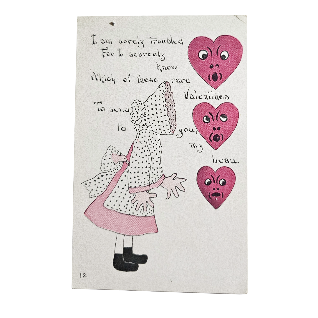 Valentine Postcard Sunbonnet Girl Staring at Emotional Pink Hearts