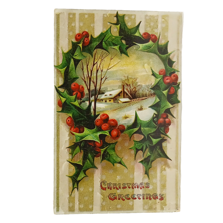 Christmas Postcard Home Landscape in Snow Gel Finish Holly Border