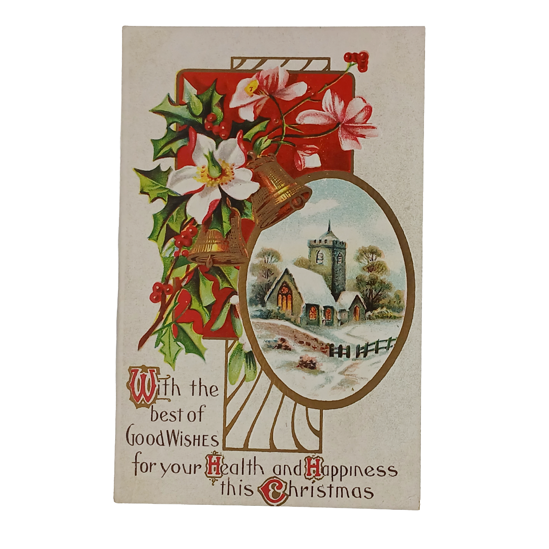 Christmas Postcard Gold Embossed Landscape Church in Snow XMAS Flowers Series 75