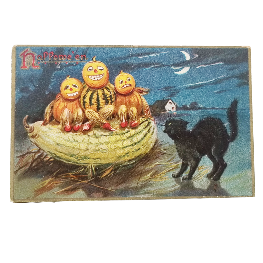 Vintage Halloween greeting card featuring three smiling pumpkins in a melon boat on a beach at night, with a black cat and a crescent moon in the sky. The French text 'Nepomeen' is printed in the top left corner.