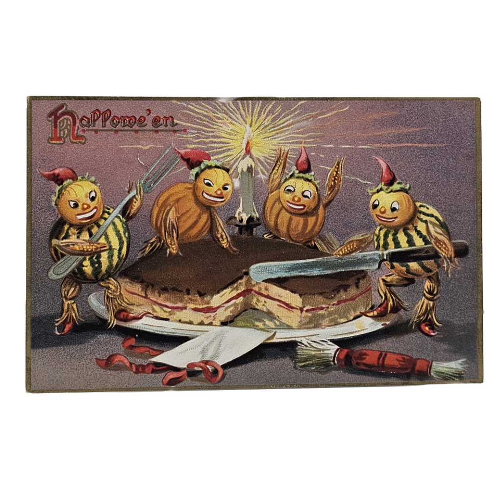 Antique 1908 Raphael Tuck Halloween Postcard - Whimsical Pumpkin Men & Cake (Series 150)