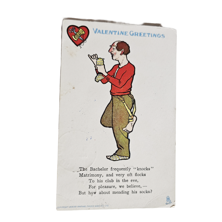 Valentine Postcard Tuck Bachelor Man Mending Socks