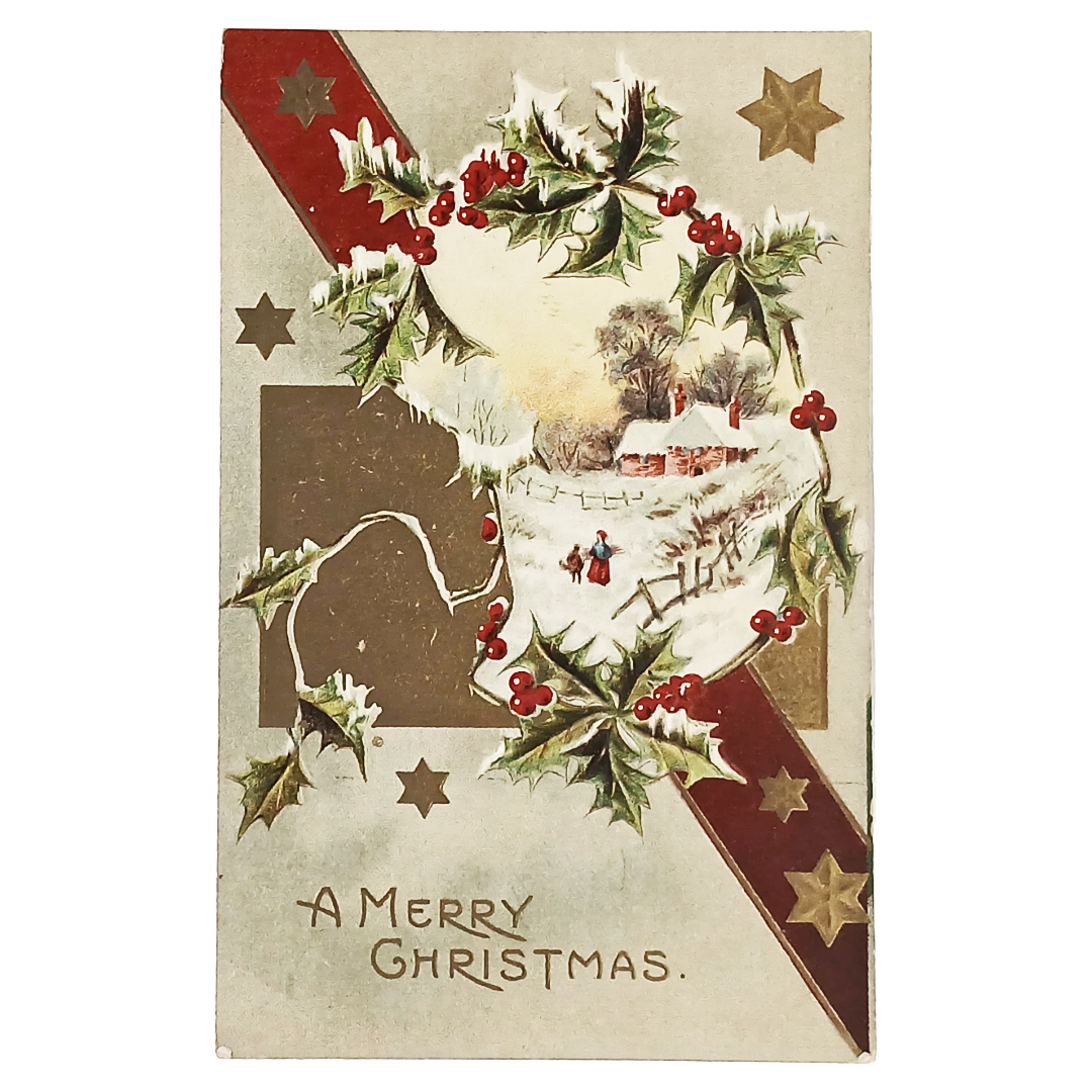 New Year Postcard Mother and Son In Snowy Yard Mistletoe Border Series 134