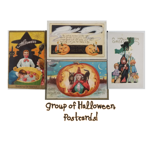 Halloween Postcards Group of Four (4) Witches, Children in Costumes and Bobbing for Apples, JOL Pumpkins