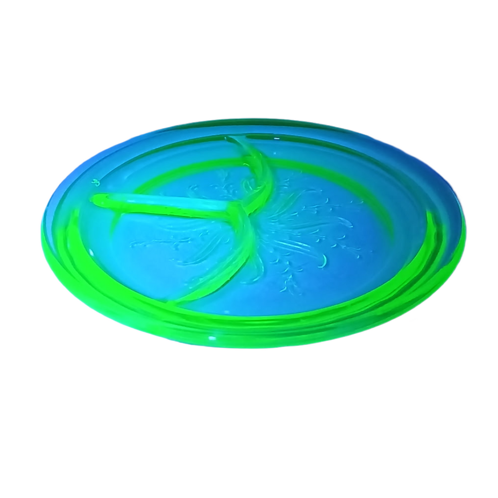 Rare Green Uranium Glass Grill Plate | US Glass Co Star Flower US Scroll Pattern