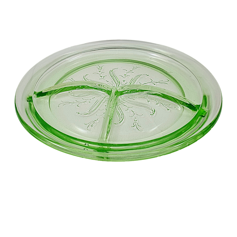 A round green glass divided plate depression glass uranium plate