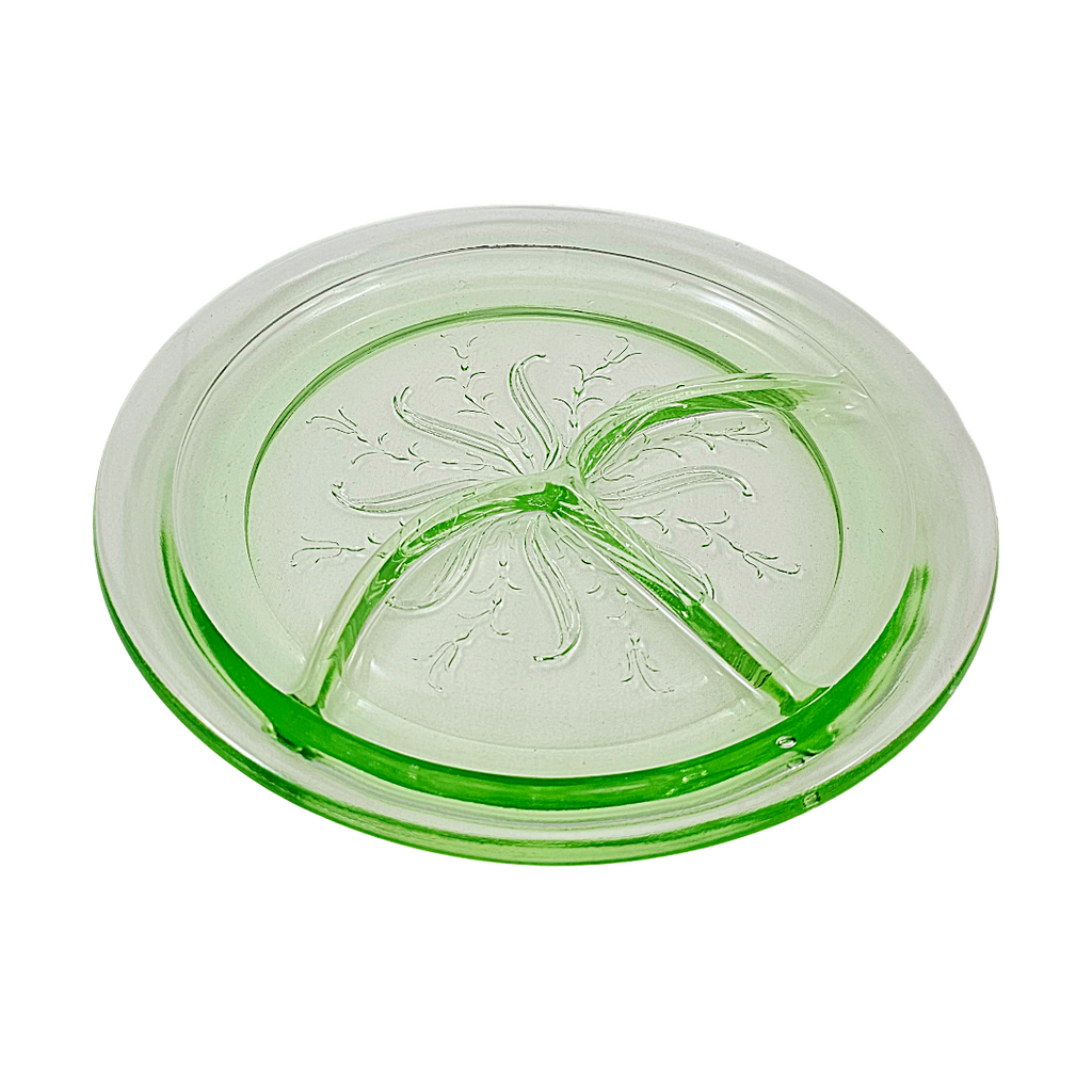 Rare Green Uranium Glass Grill Plate | US Glass Co Star Flower US Scroll Pattern