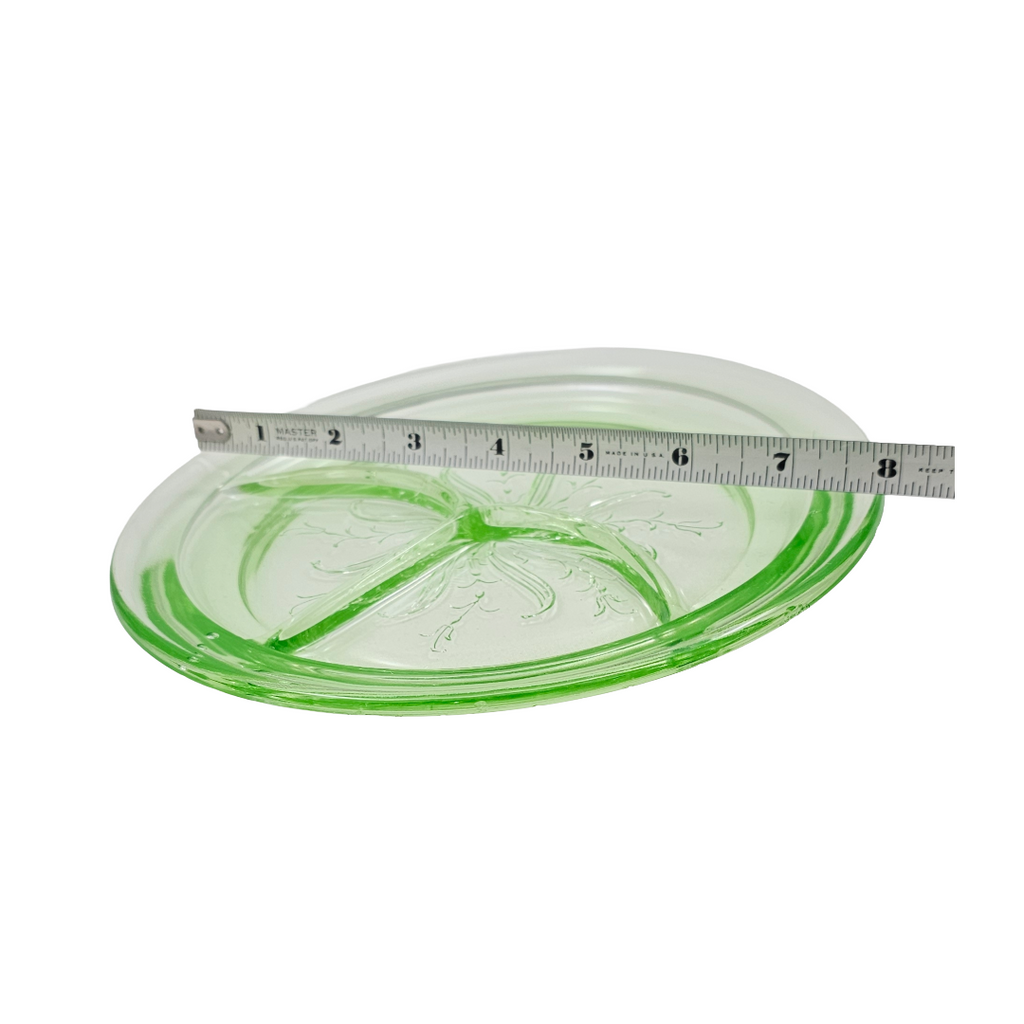 Rare Green Uranium Glass Grill Plate | US Glass Co Star Flower US Scroll Pattern