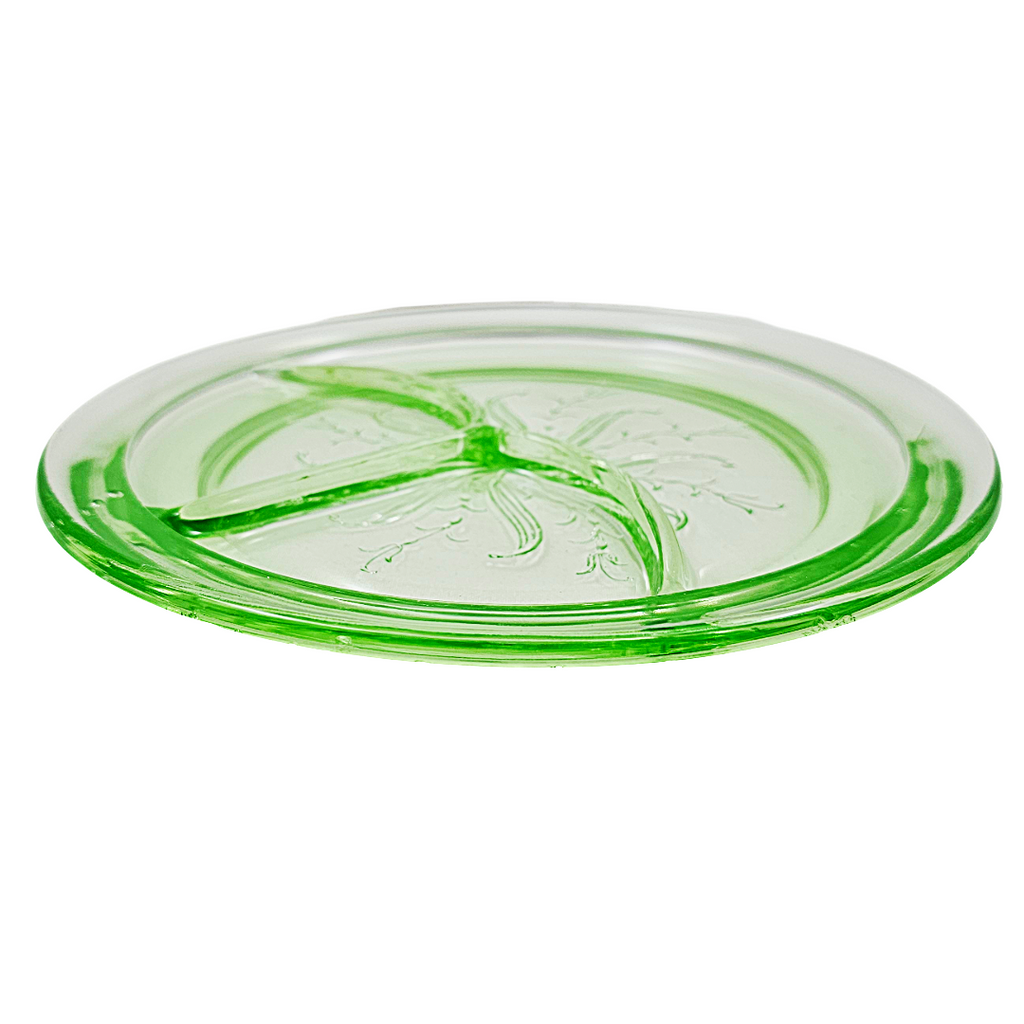 Rare Green Uranium Glass Grill Plate | US Glass Co Star Flower US Scroll Pattern