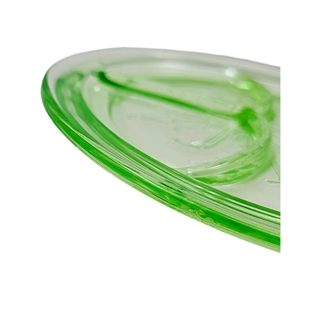 Rare Green Uranium Glass Grill Plate | US Glass Co Star Flower US Scroll Pattern
