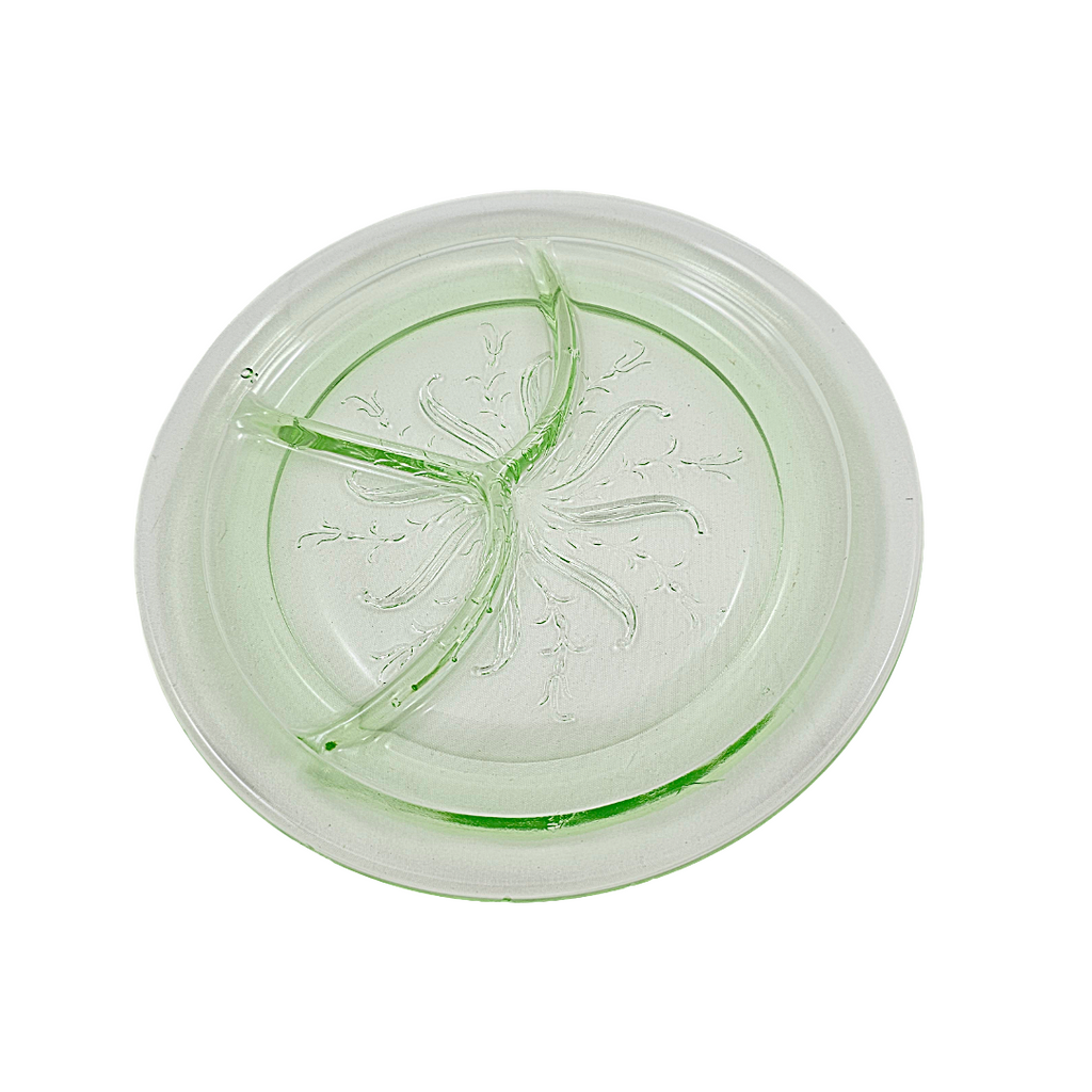 Rare Green Uranium Glass Grill Plate | US Glass Co Star Flower US Scroll Pattern