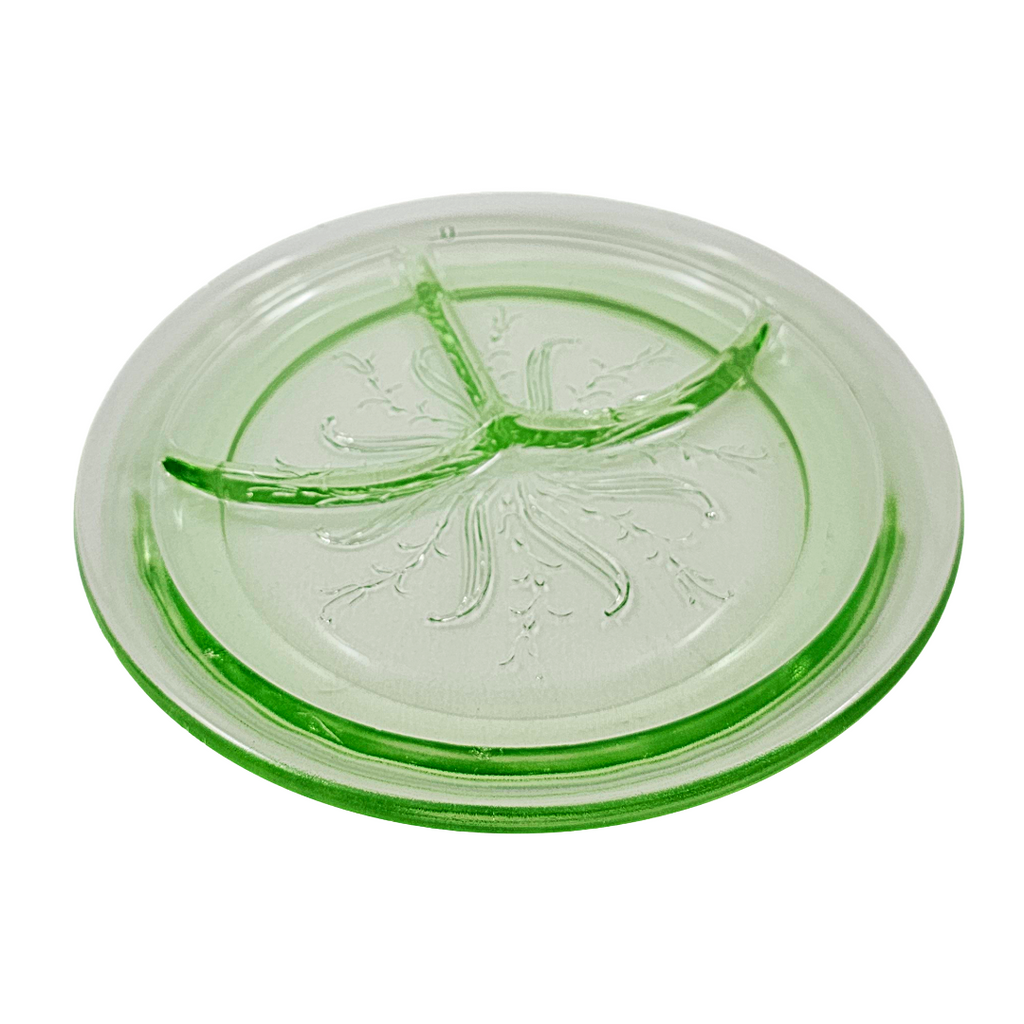 Rare Green Uranium Glass Grill Plate | US Glass Co Star Flower US Scroll Pattern