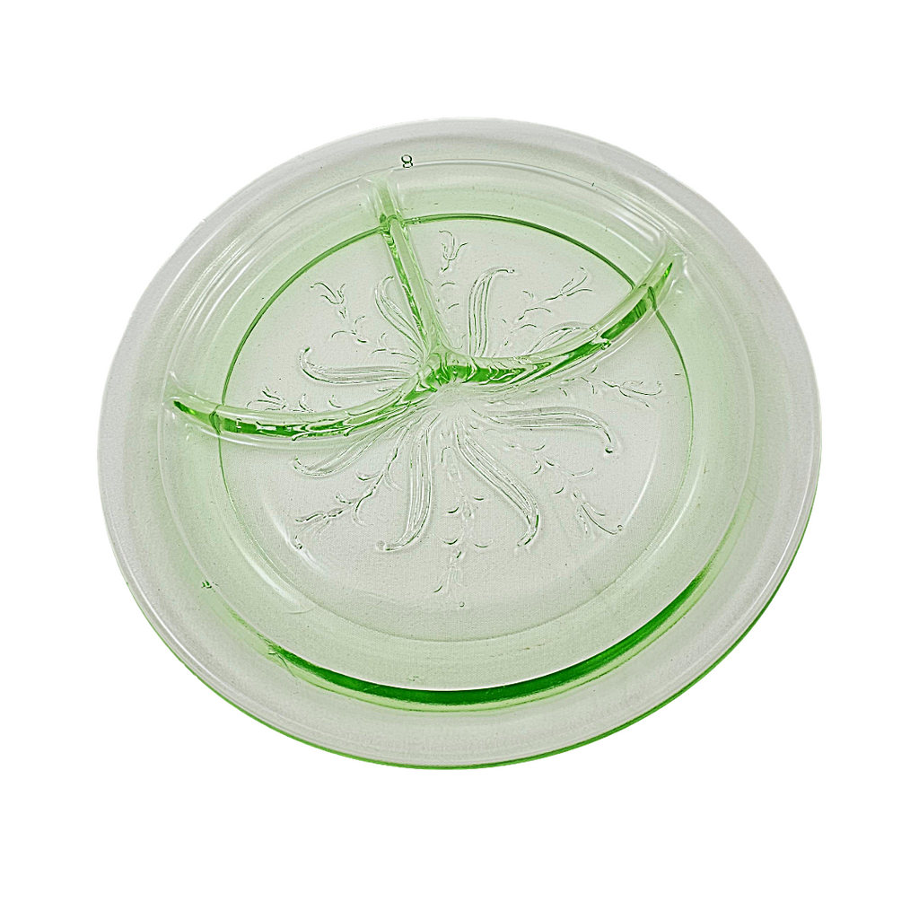Rare Green Uranium Glass Grill Plate | US Glass Co Star Flower US Scroll Pattern