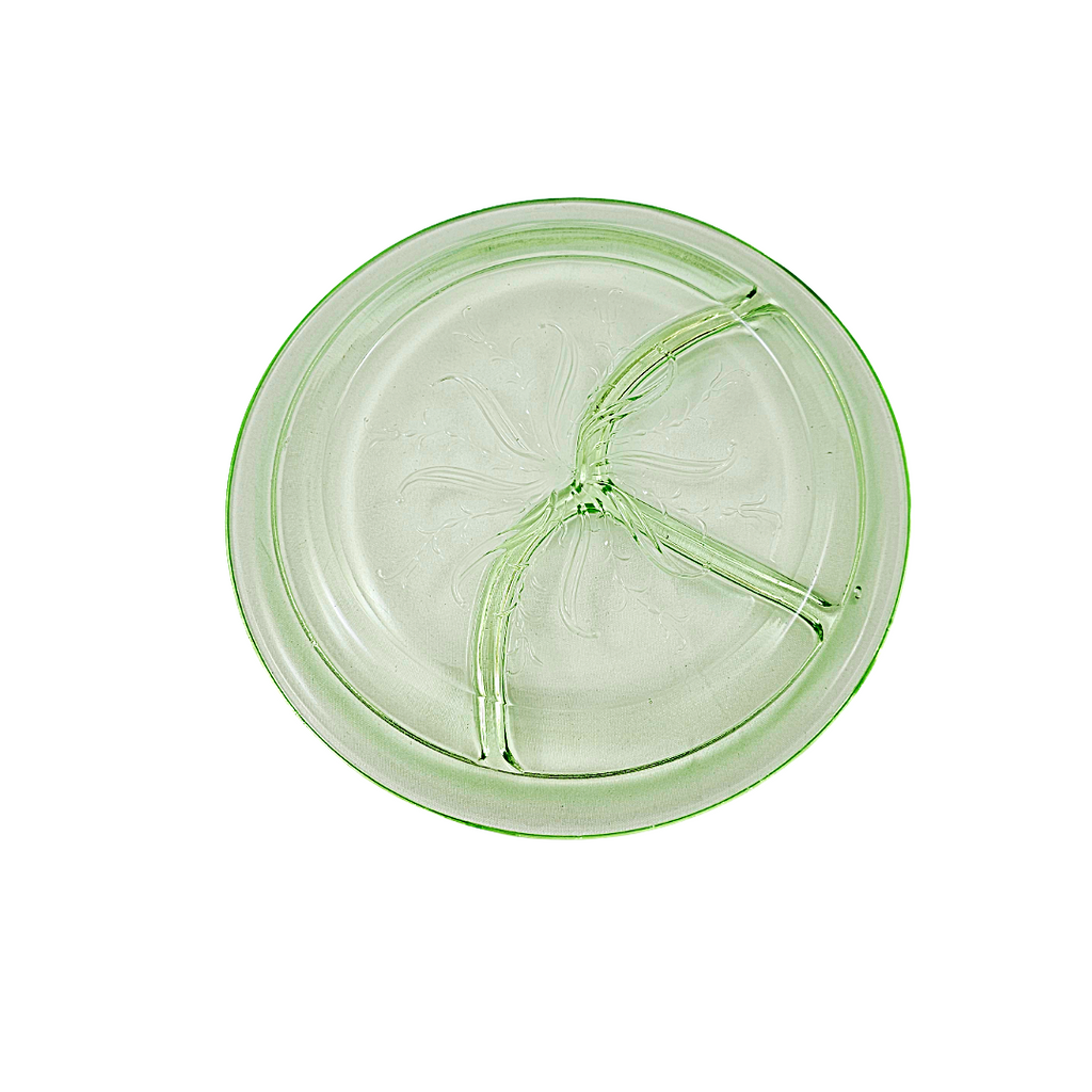 Rare Green Uranium Glass Grill Plate | US Glass Co Star Flower US Scroll Pattern