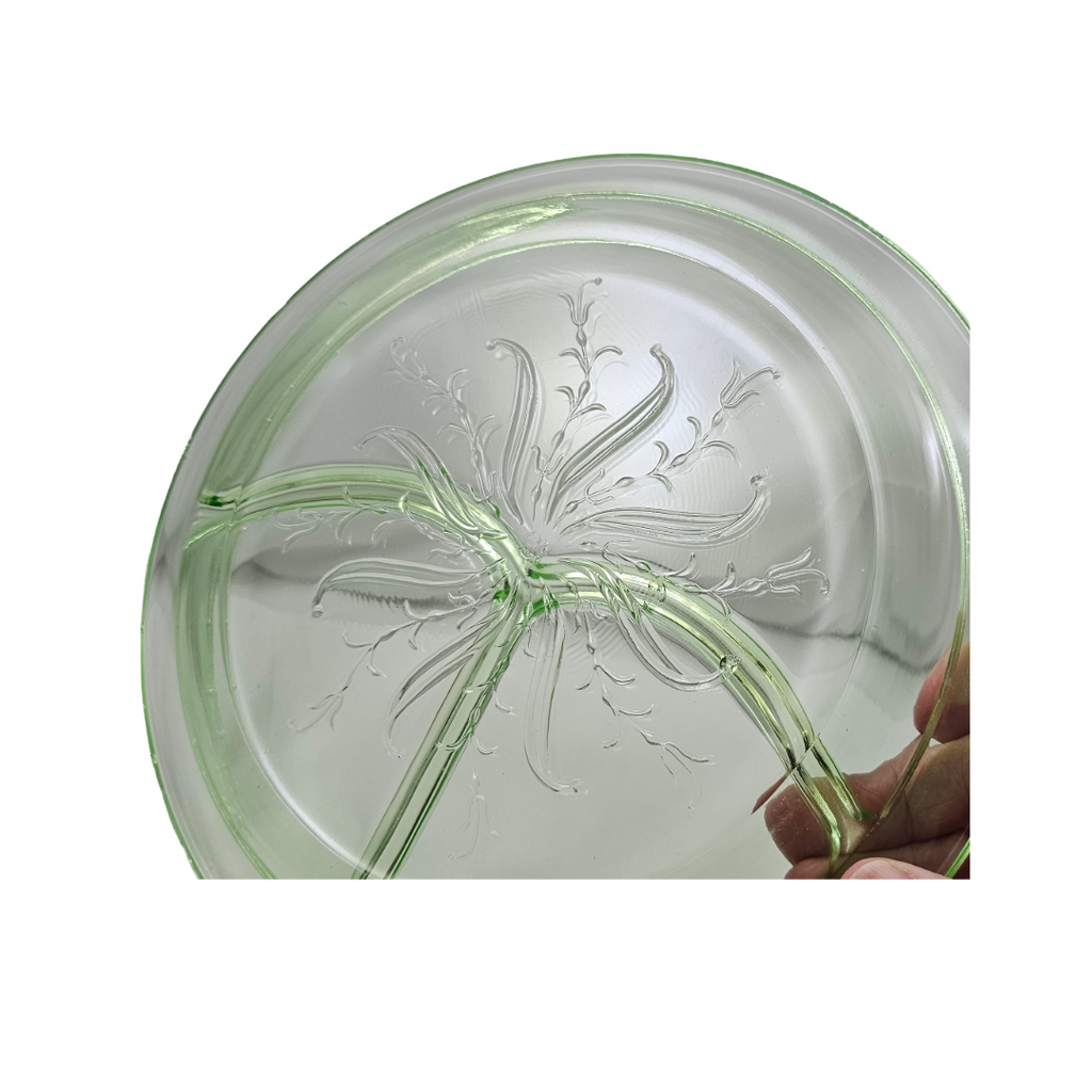 Rare Green Uranium Glass Grill Plate | US Glass Co Star Flower US Scroll Pattern