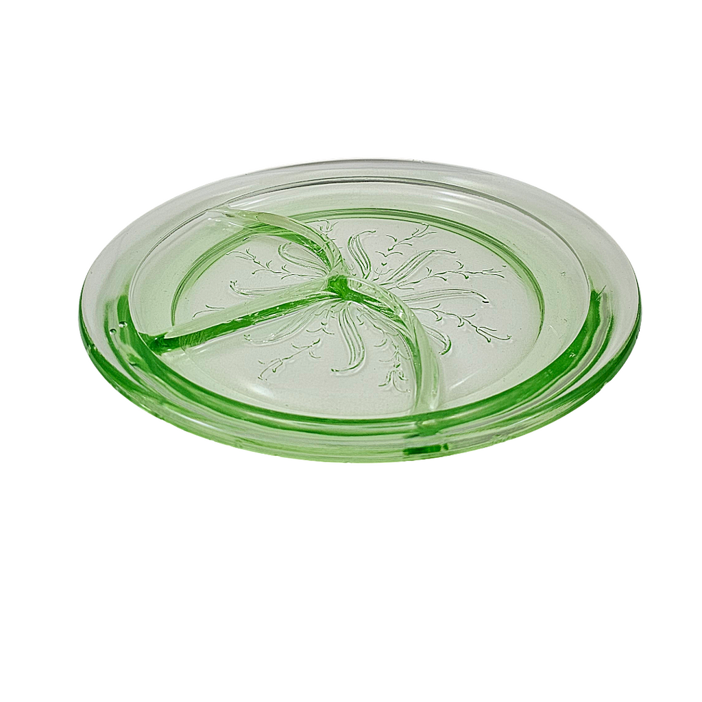 Rare Green Uranium Glass Grill Plate | US Glass Co Star Flower US Scroll Pattern
