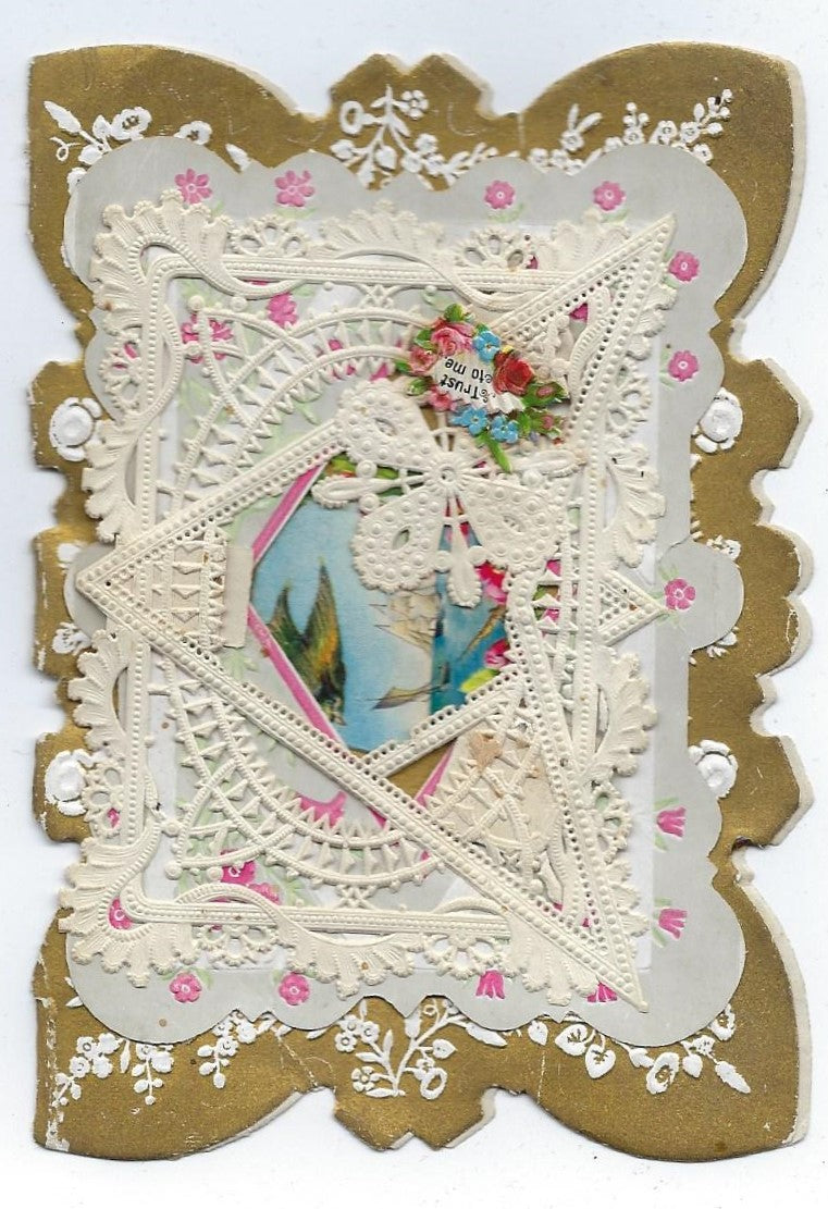 Antique Embossed Paper Valentine with Applied Lace Over Chromolithograph Image and Poem