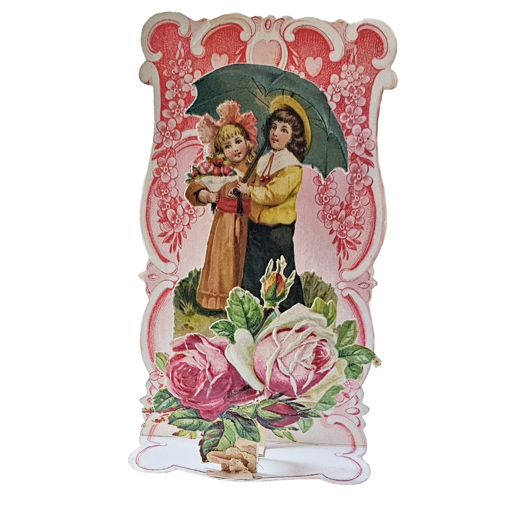 Vintage German Die Cut 3D Valentine's Card Roses with Children Holding Hands
