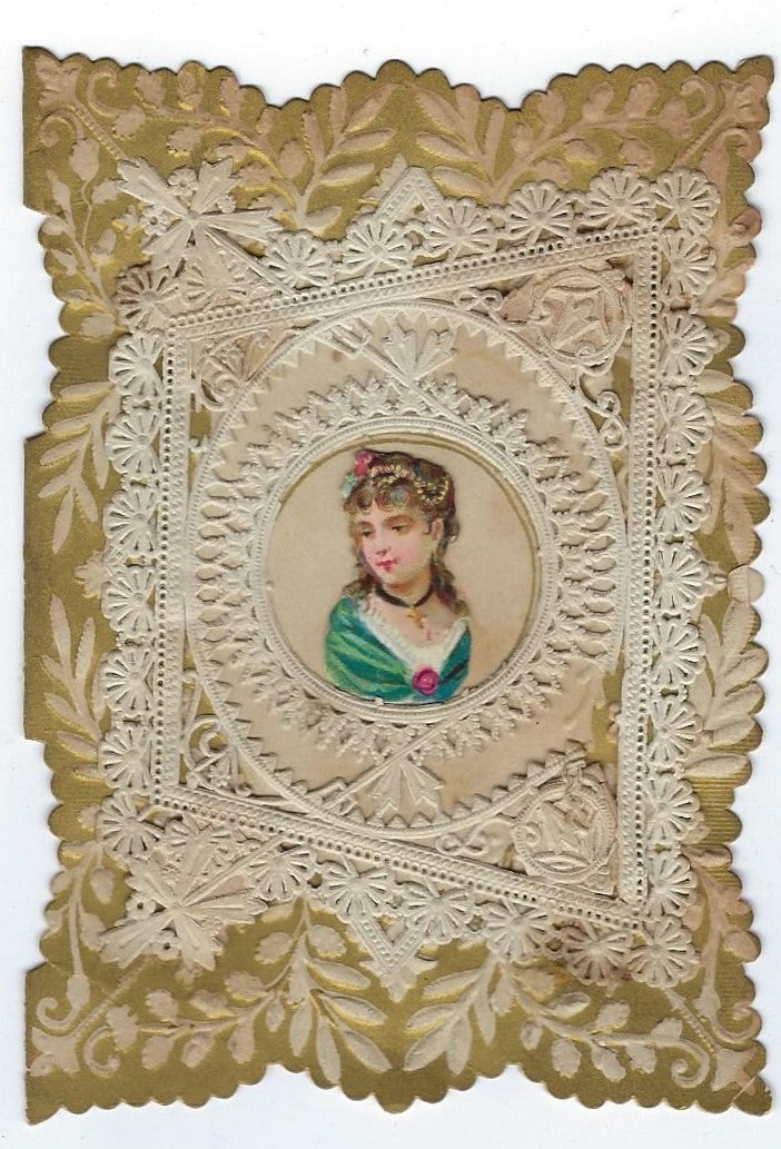 Antique Embossed Paper Valentine with Applied Lace Chromolithograph Image and Poem on Interior