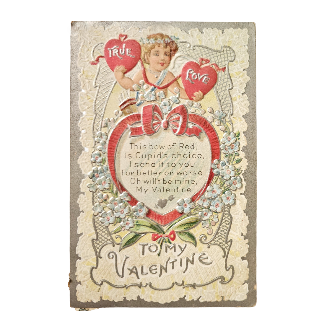 Valentine Postcard Series No 2 Silver Embossed Cupid w/ Hearts