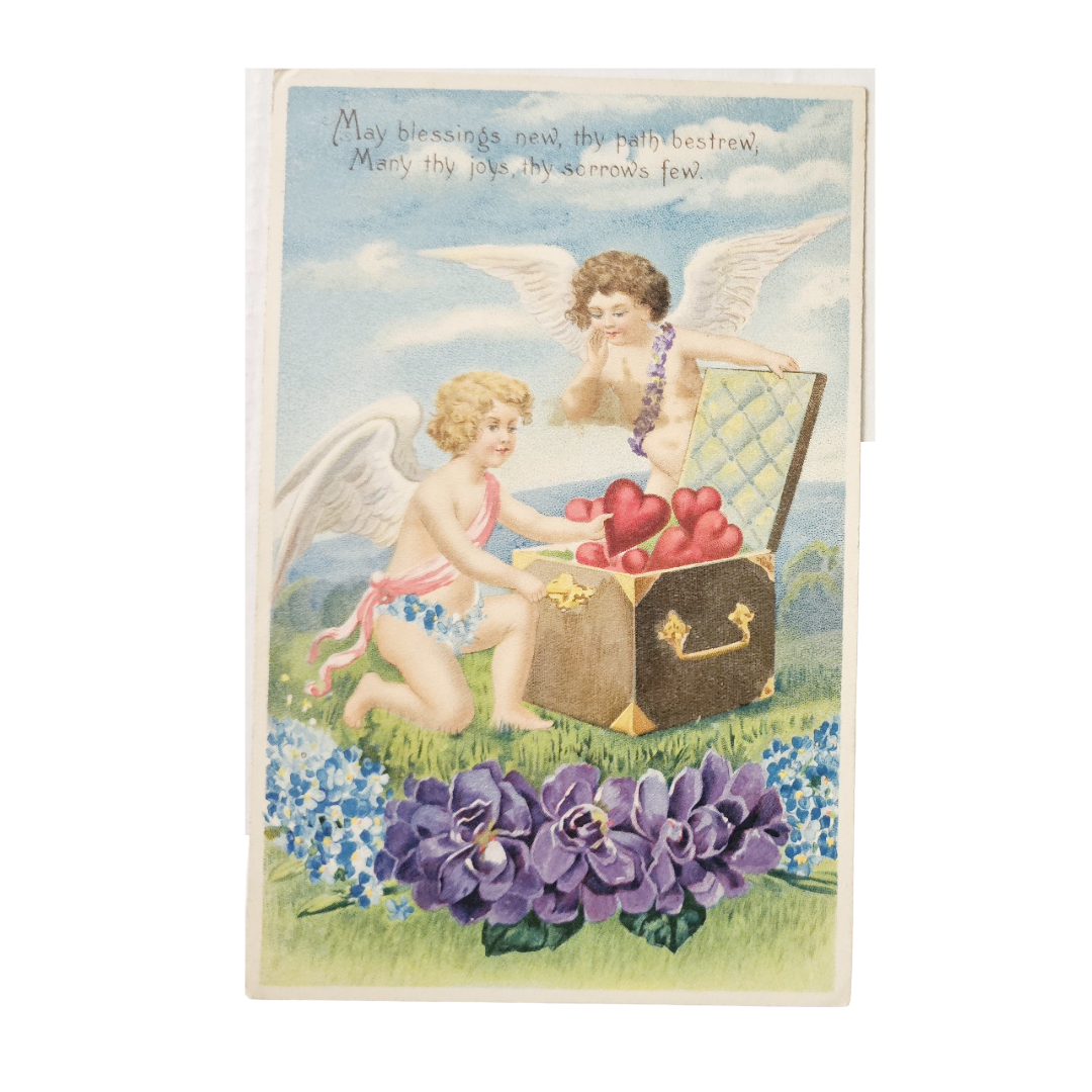 Valentine Postcard Cupids Opening Box of Hearts